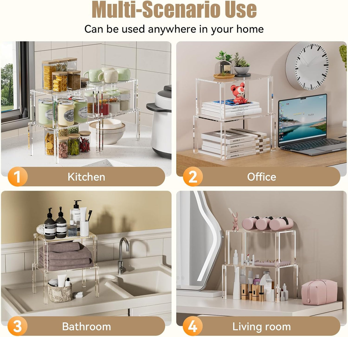 Clear Cabinet Organizer: Acrylic Shelf Riser Set of 4 for Kitchen Pantry Organizers and Storage