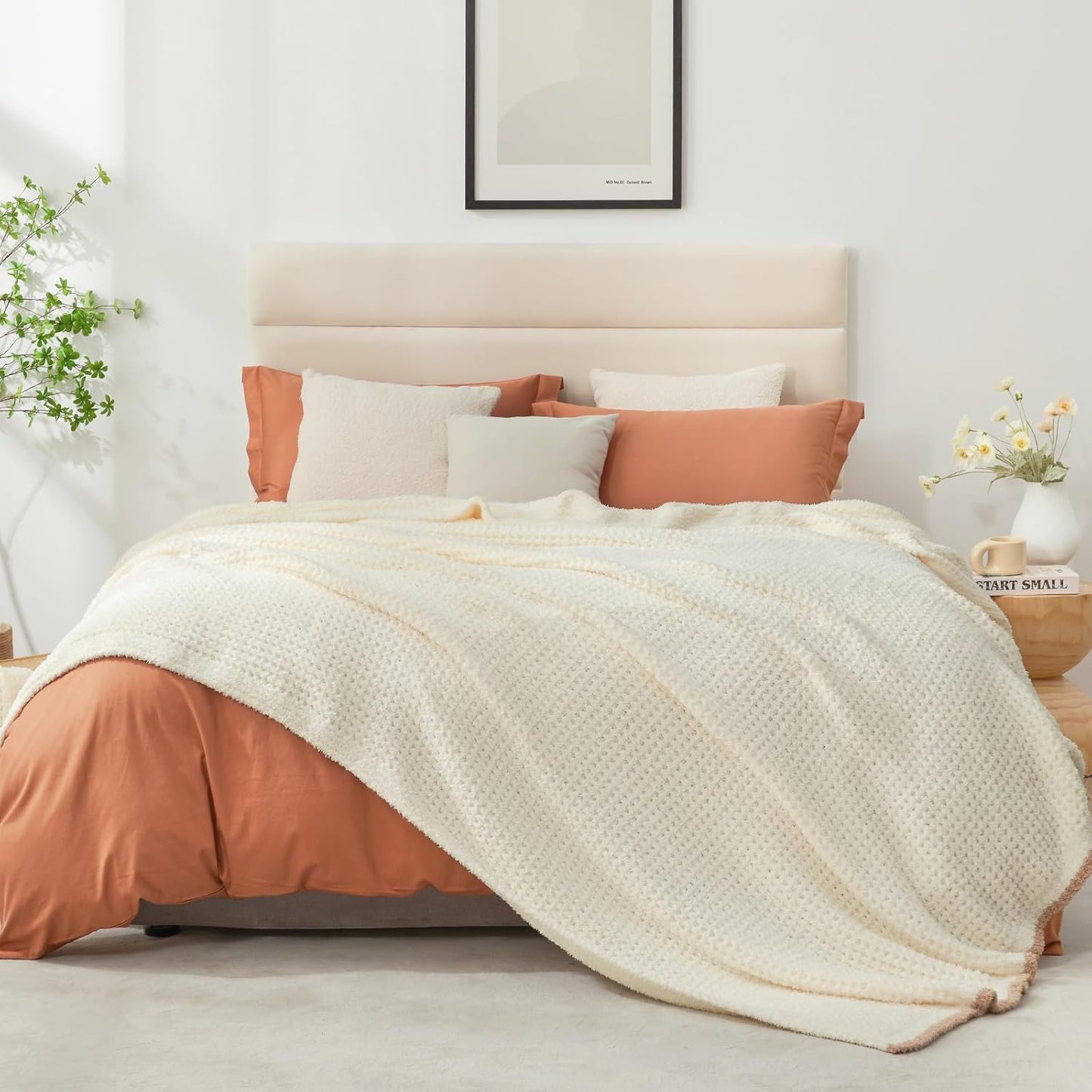 Snuggle Sac Cream Waffle Throw Blanket for Couch Bed Sofa 60x80 inches, Reversible Cream Blanket