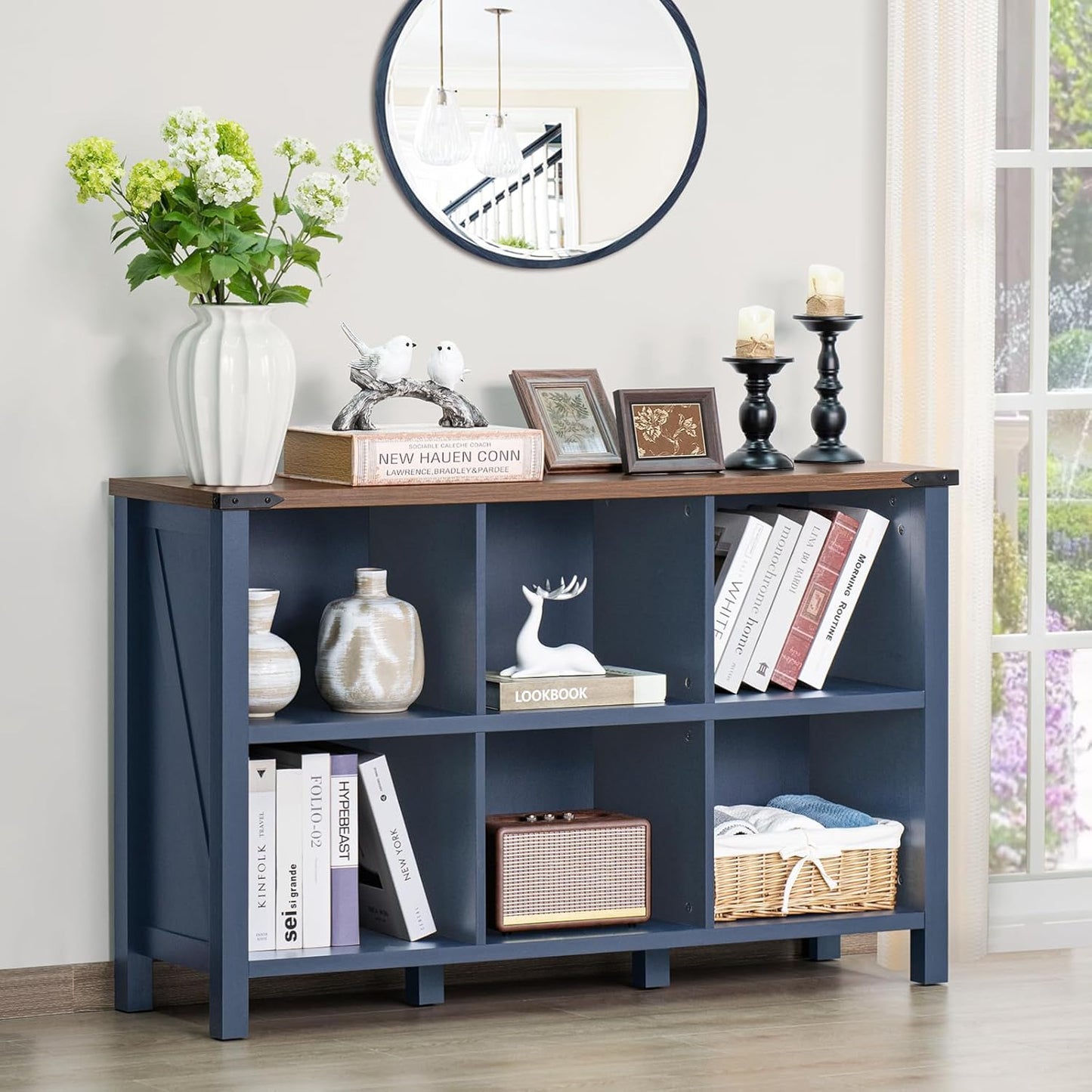 6 Cube Bookcase, Farmhouse Wood Low Storage Organizer Book Shelf, 47" Horizontal Navy Blue Console