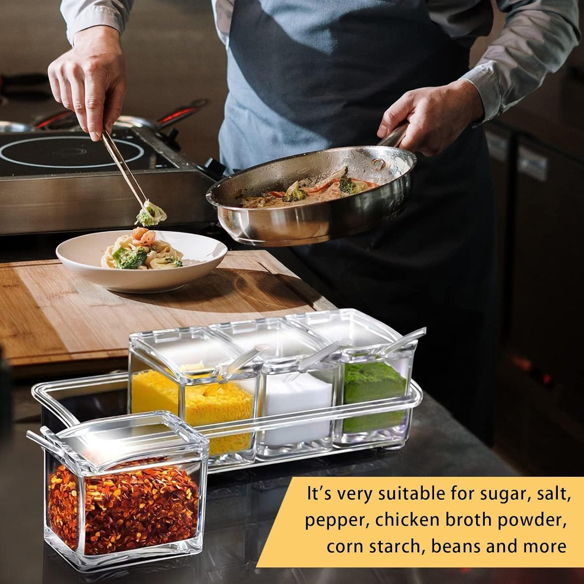 4-Cell Clear Seasoning Rack Spice Box, Storage Container Condiment Jars Acrylic Seasoning Box with
