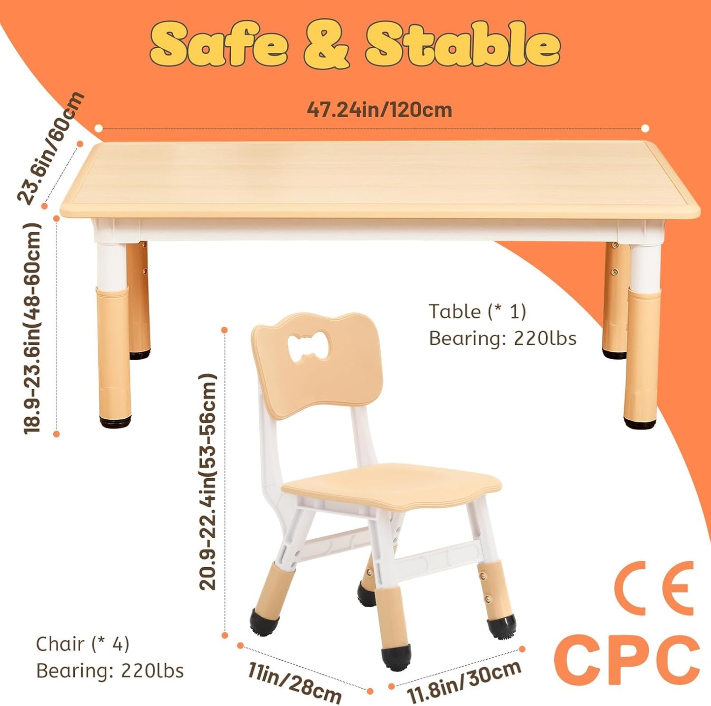 FUNLIO Kids Table and 4 Chairs Set for Ages 3-8, Height Adjustable Toddler Table and Chair Set