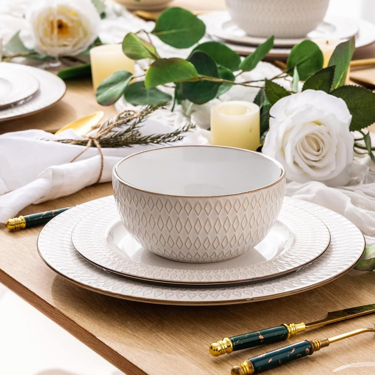 GBHOME Ceramic Dinnerware Sets,12 pcs Embossed Elegant Stoneware Plates and Bowls Sets
