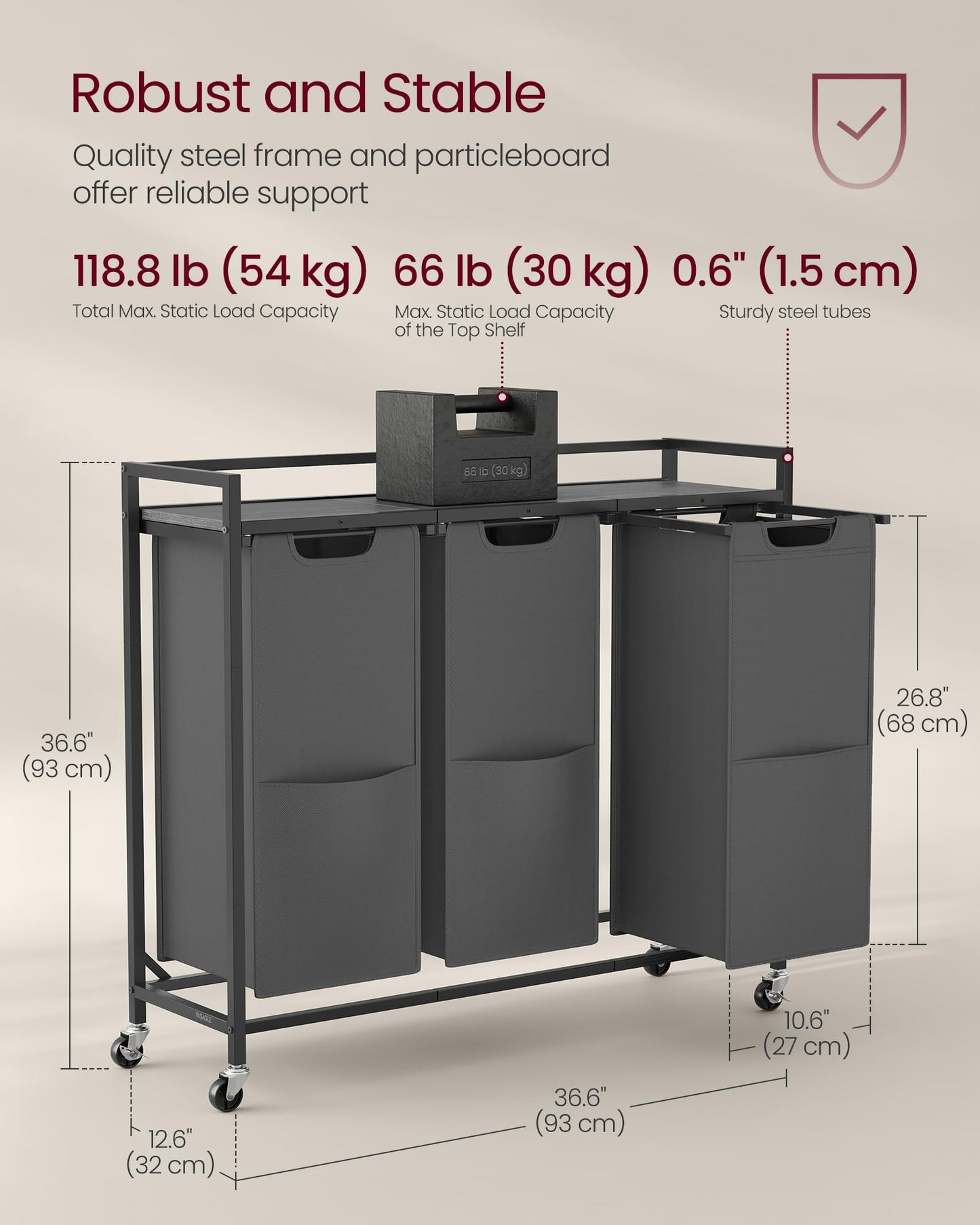 VASAGLE Laundry Sorter, 43.5 Gal. (165 L) Laundry Hamper Basket with 3 Compartments, Rolling Cart