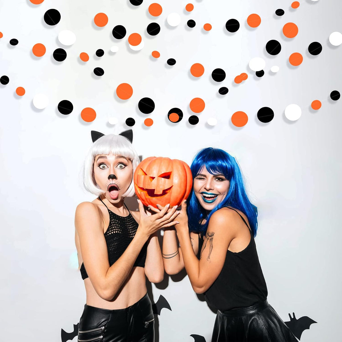 46Ft Orange Black Circle Dot Garland Black Orange and White Polka Dot Hanging Paper Streamer for