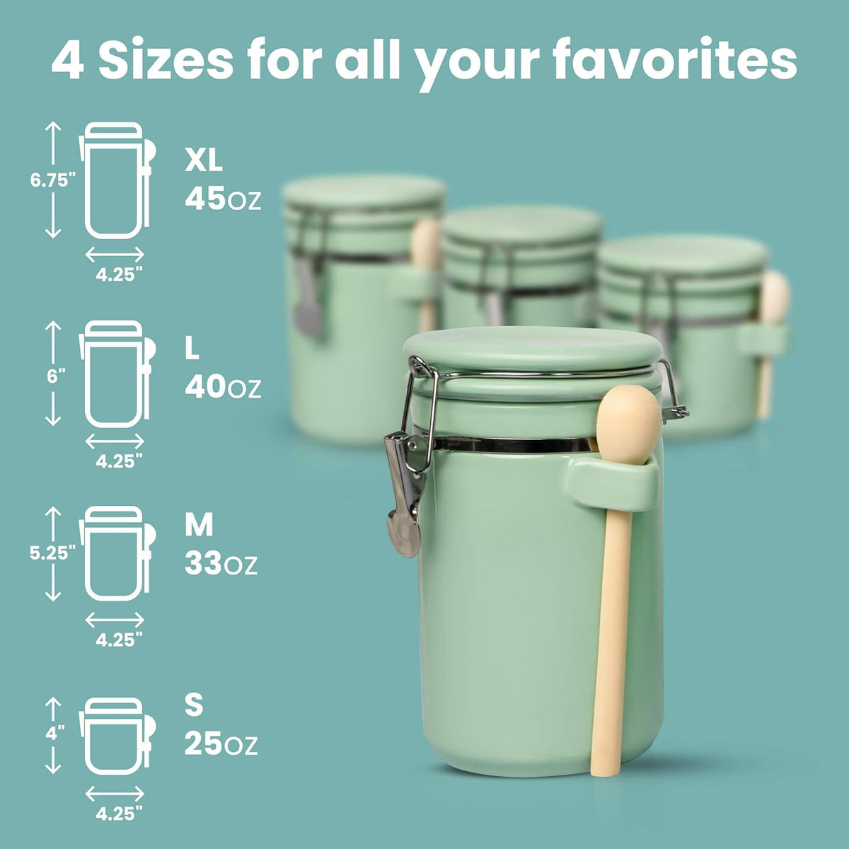 Home Intuition 4-Piece Ceramic Kitchen Canisters Set, Airtight Containers with Wooden Spoons