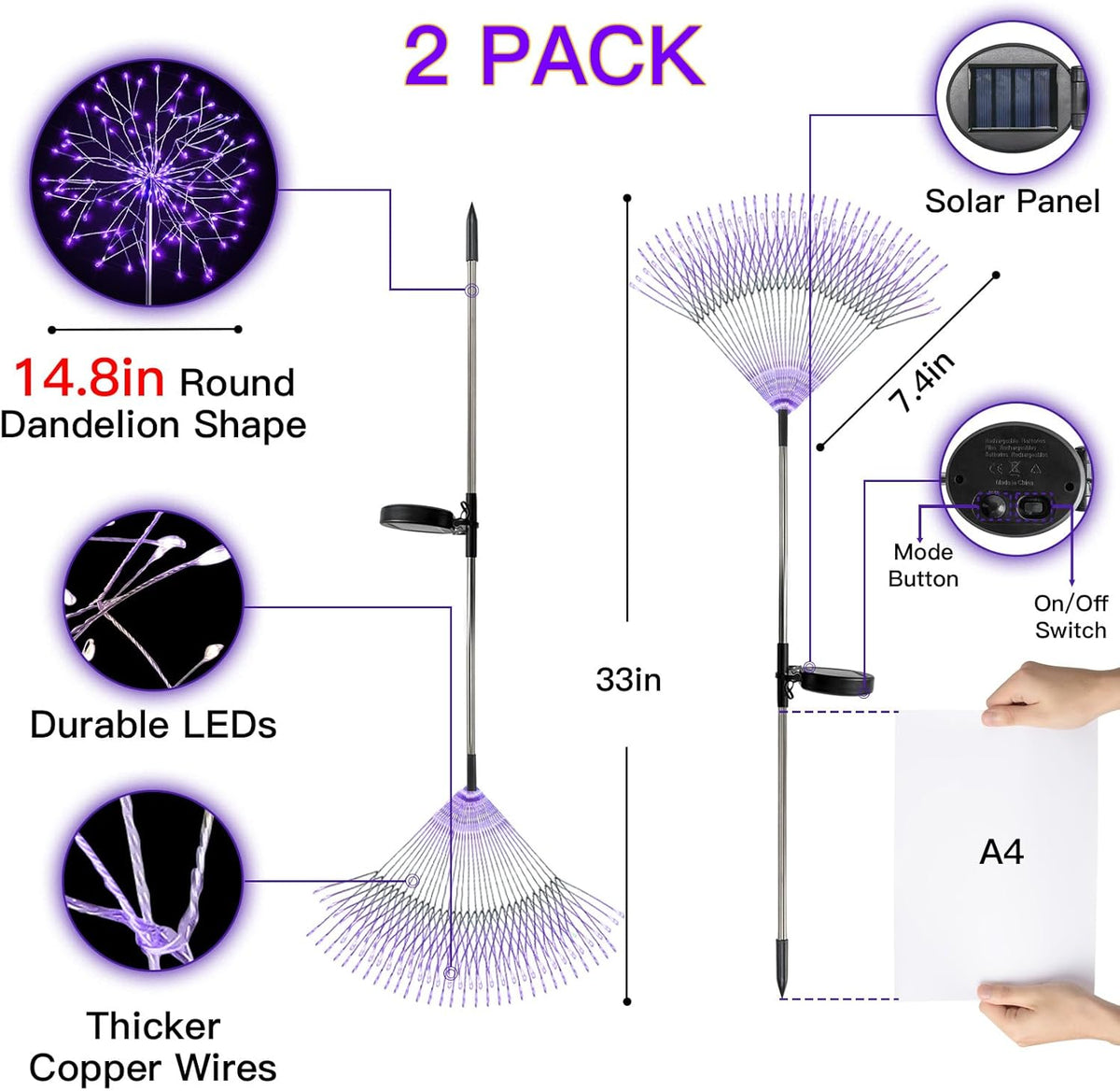 suddus 2 Pack Purple Halloween Lights Outdoor, 150LED Purple Solar Garden Lights with 8 Modes