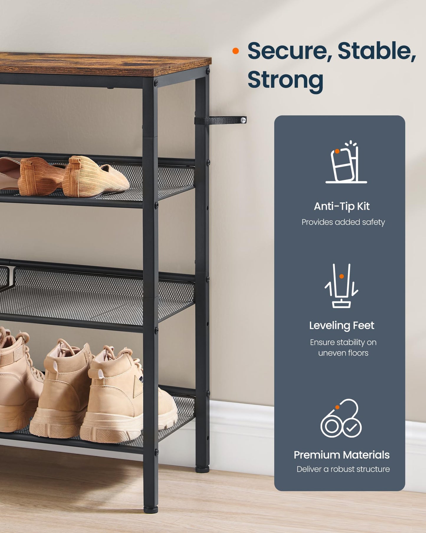 SONGMICS HOME 4 Tier Shoe Storage Organizer, Freestanding Shoe Rack, Dense Mesh, for Living Room