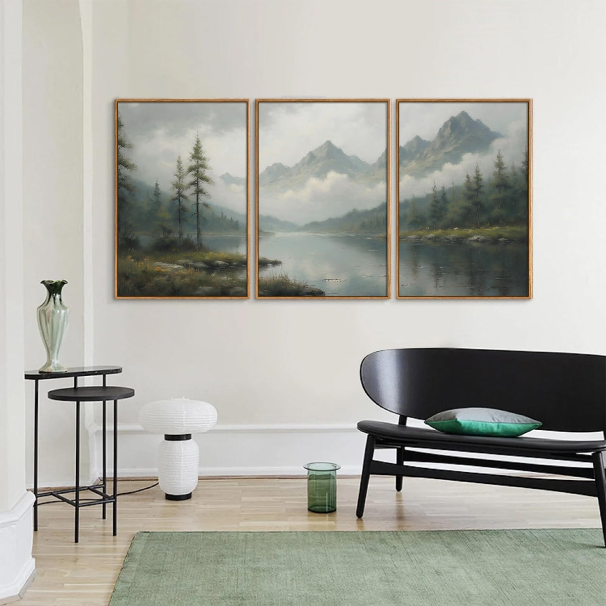 SIGNINART Large Green Forest Framed Canvas Wall Art Set, Misty Mountain Lake Scenery Wall Decor