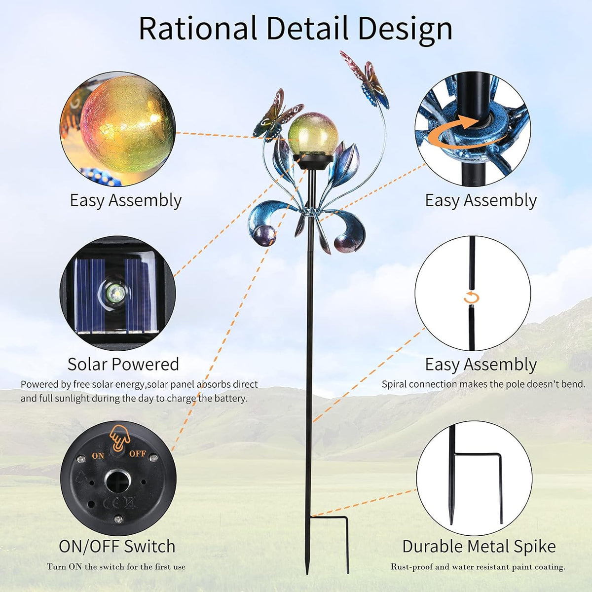 VCUTEKA Solar Lights Outdoor Metal Garden Stake Waterproof Crackle Glass Globe Garden Decor