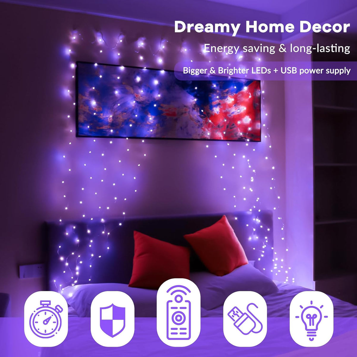 HXWEIYE 300LED Purple Fairy Curtain Hanging Lights with Remote 8 Modes Timer for Bedroom, 9.8x9.8Ft