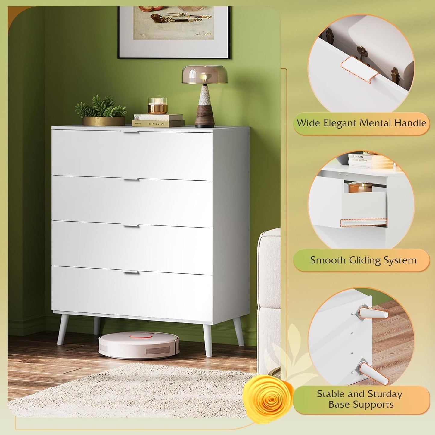 WLIVE 4 Drawer Dresser for Bedroom, Tall Wood Dresser, Modern White Dressers with Sturdy Metal