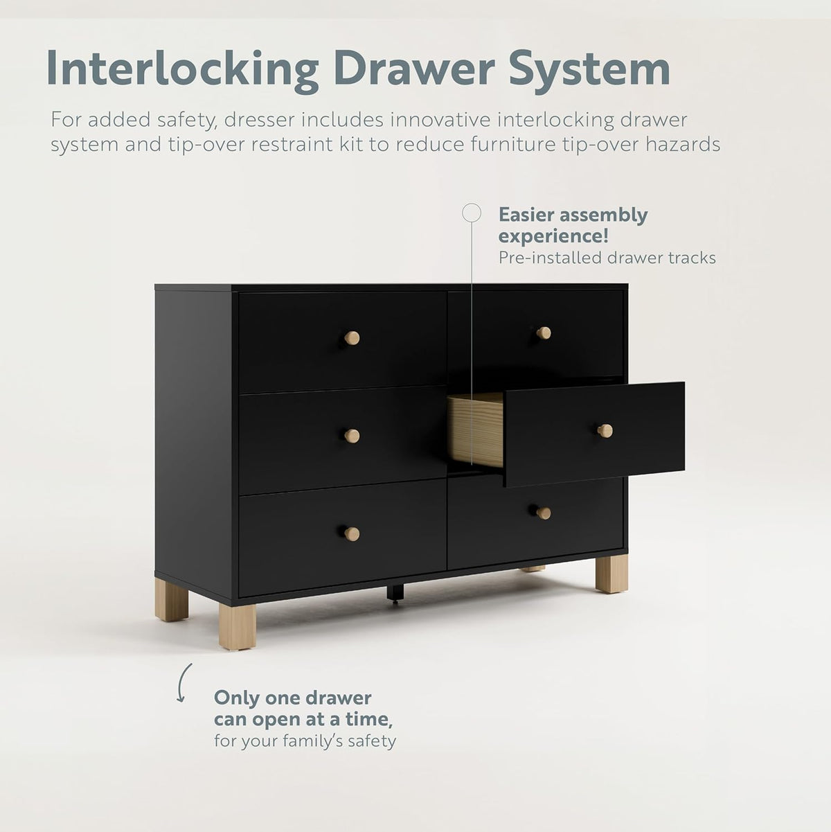 Storkcraft California 6-Drawer Double Dresser (Black with Driftwood) - GREENGUARD Gold Certified