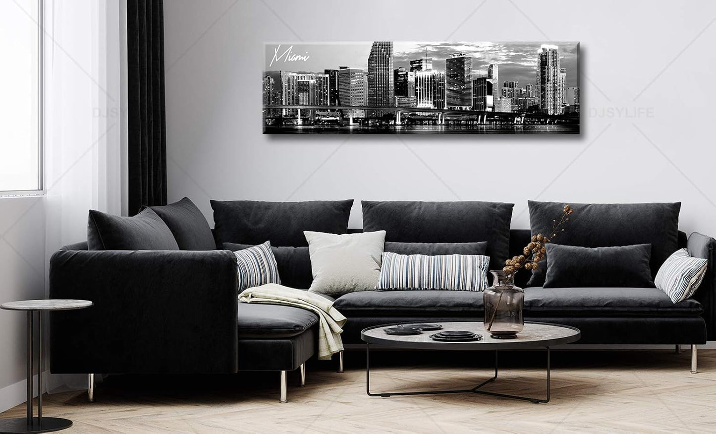 DJSYLIFE Miami Skyline Wall Art Decor Panoramic Cityscape Picture Modern USA City Night View Canvas