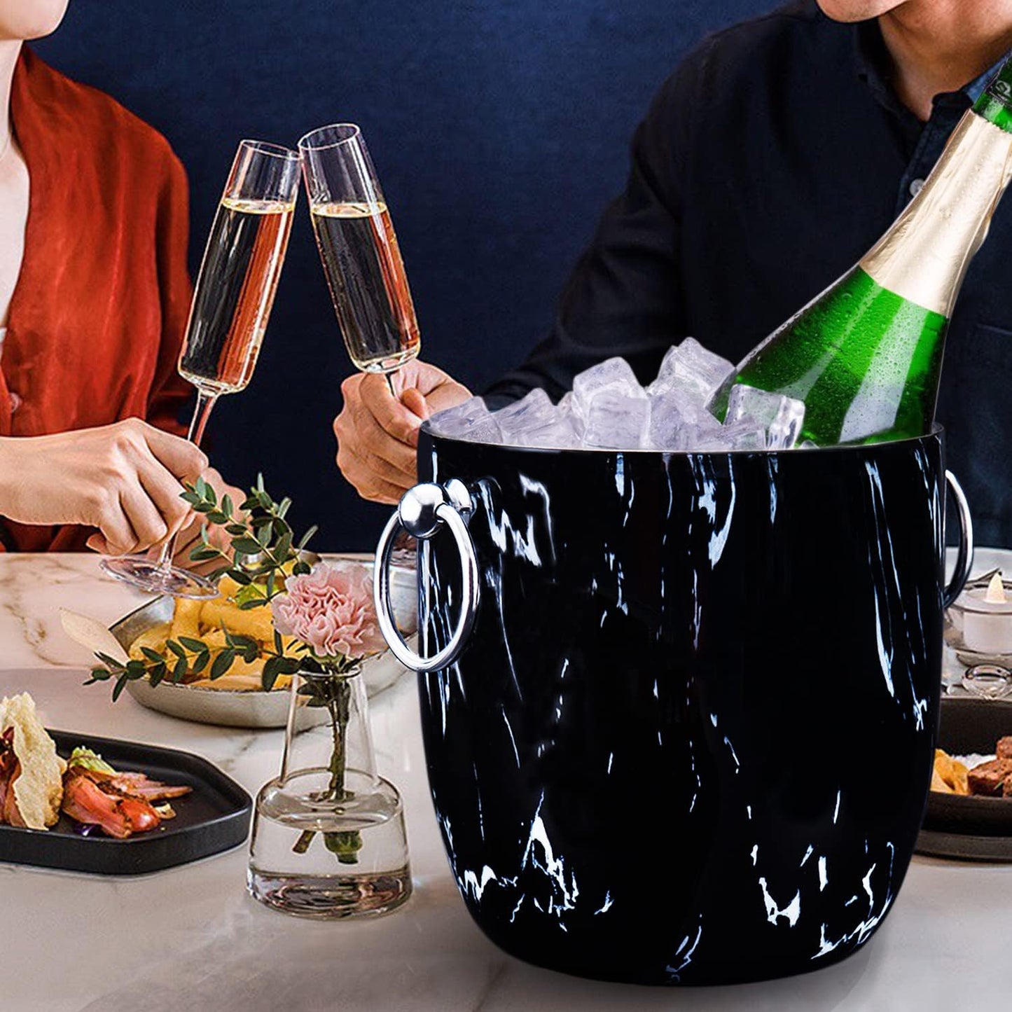 Ice Bucket with Lid, Scoop, Tongs and Strainer - Well Made Insulated Stainless Steel Keep Ice