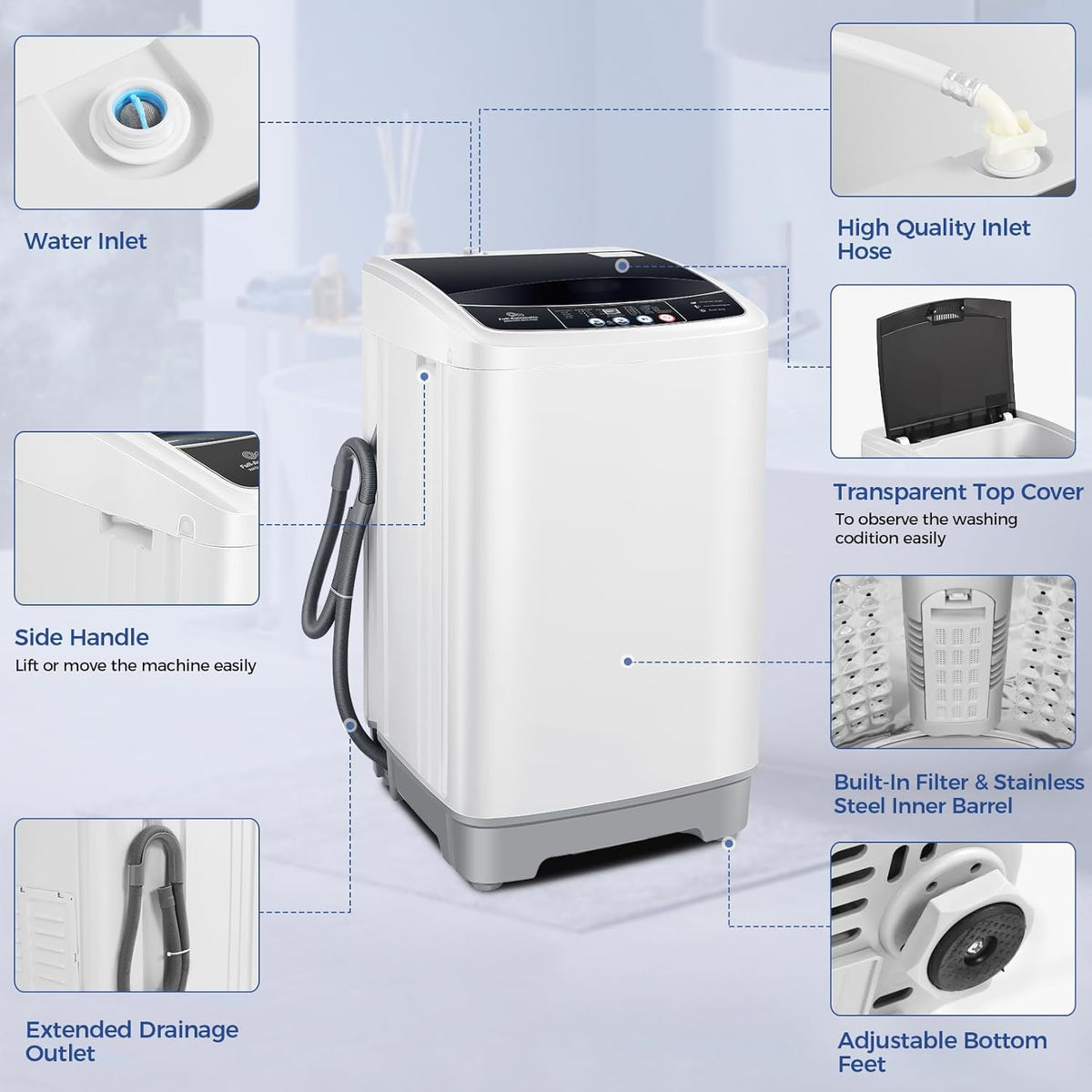 Nictemaw Portable Washing Machine 17.8Lbs Capacity Portable Washer with Drain Pump 2.4Cu.ft
