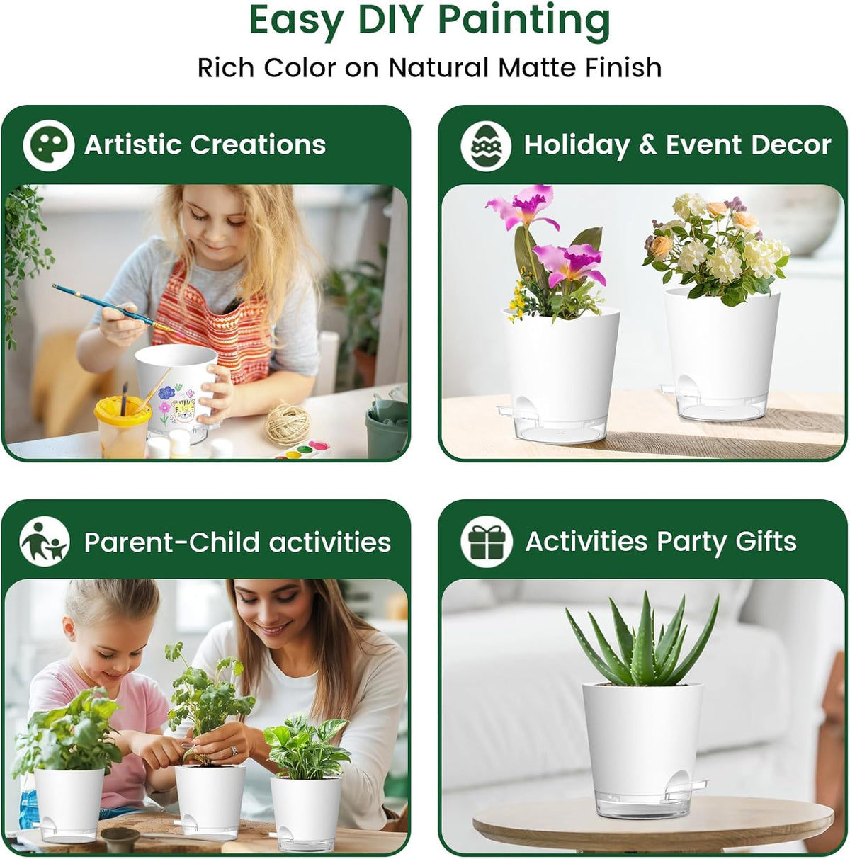 4 inch Self Watering Pots for Indoor Plants, 5 Pack Small Flower Plant Pots with Drainage Holes and