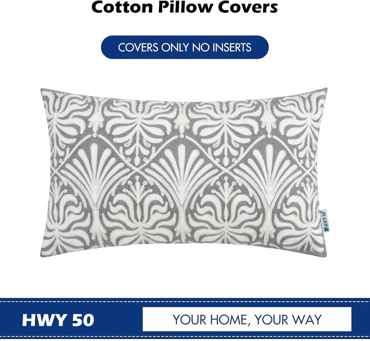 HWY 50 Grey Gray Decorative Lumbar Pillow Cover Rectangle 12x20 Inch (1 Piece), Embroidered Cotton