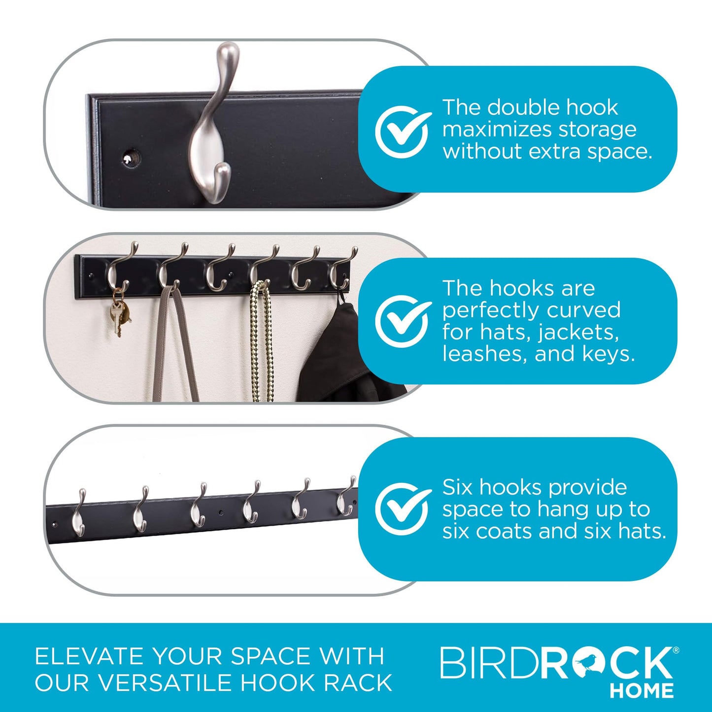 BIRDROCK HOME Oval Hook Coat and Hat Rack | 6 Hooks | Wall Mount | Black Finish | Satin Nickel Hooks