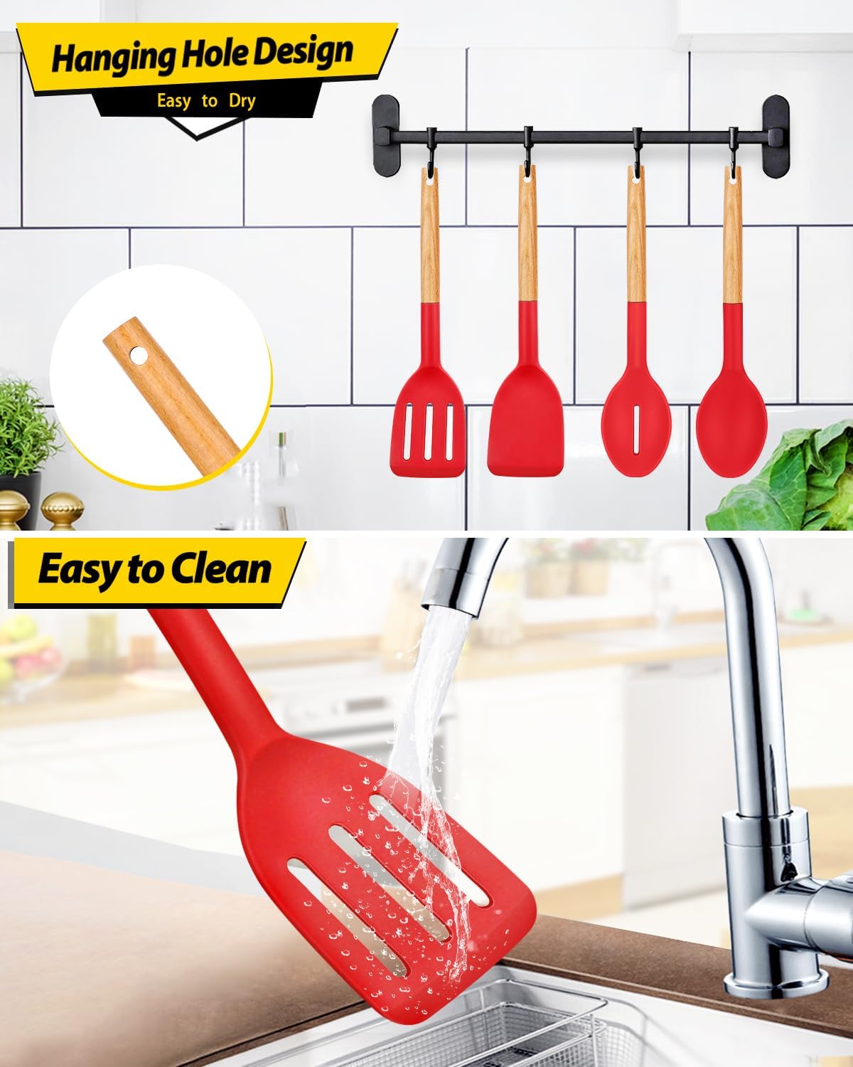 Pack of 4 Silicone Cooking Utensils Set, Non Stick Solid Spatulas and Heat Resistant Slotted Spoons