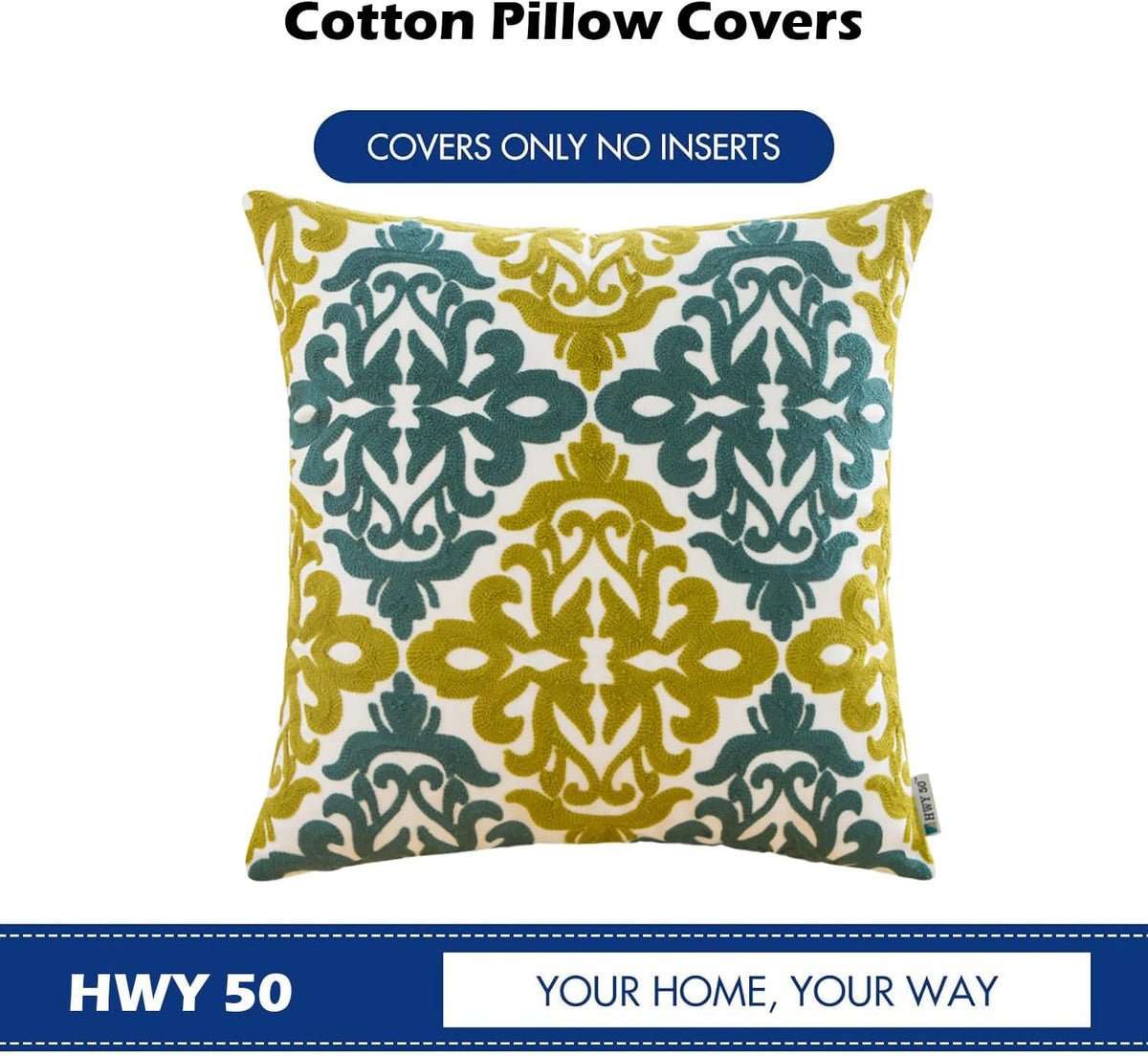 HWY 50 Decorative Throw Pillow Covers 18x18 Inch (1 Piece), Embroidered Cotton Farmhouse Cushion