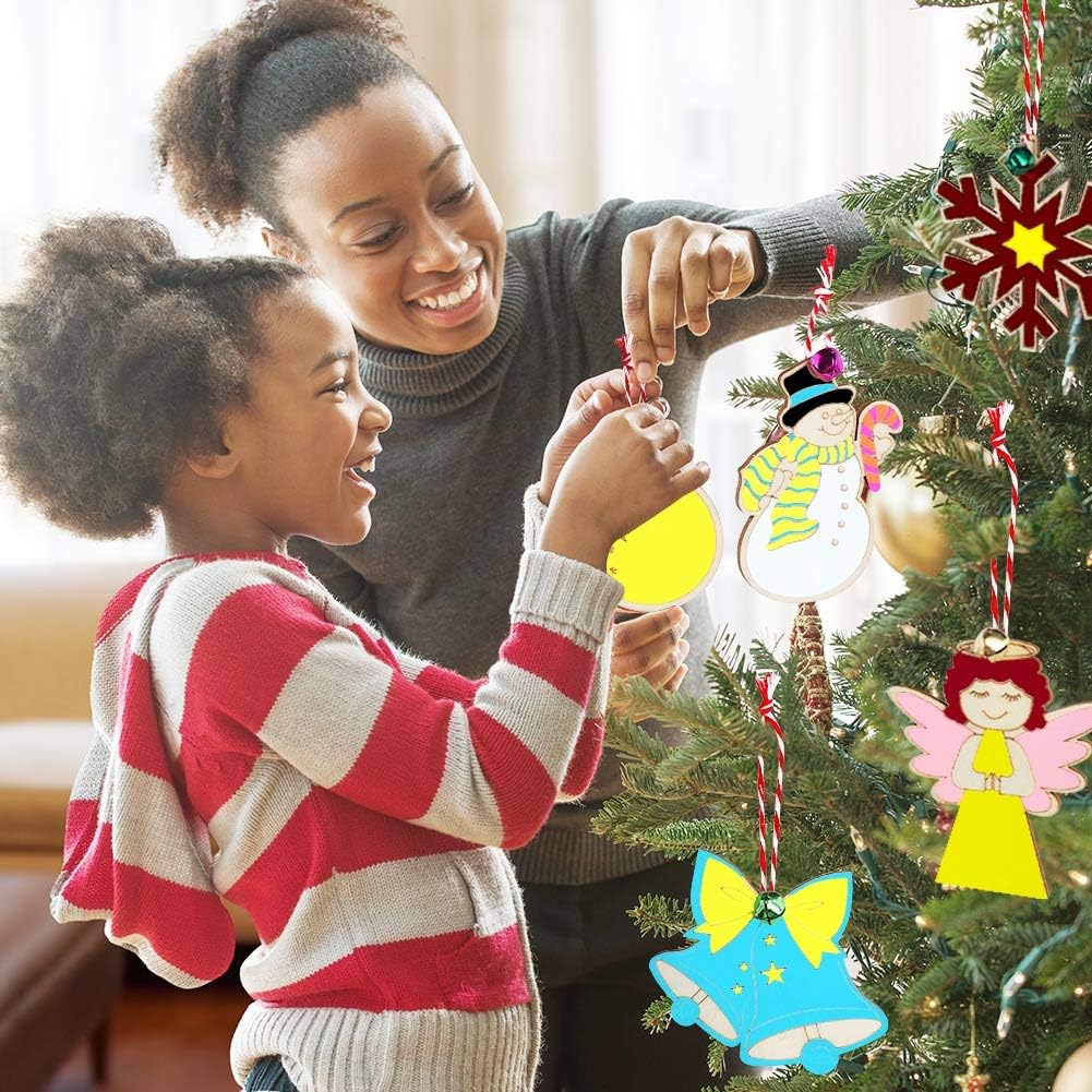48PCS Christmas Crafts for Kids, Wooden Christmas Ornaments Unfinished Wood Slices with 6 Styles