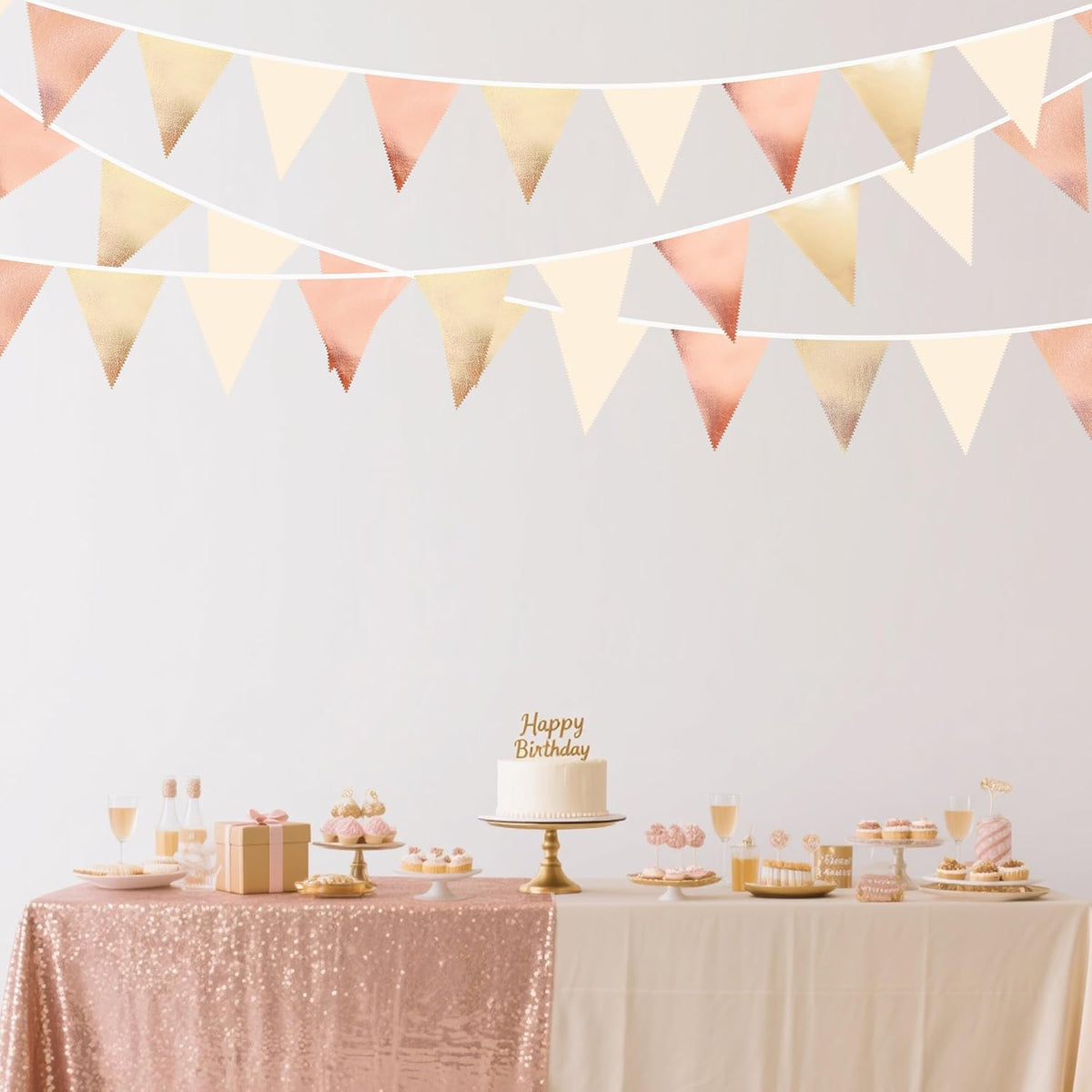 Rose Gold Champagne Gold Beige Party Decorations Metallic Fabric Triangle Flag Pennant Banner