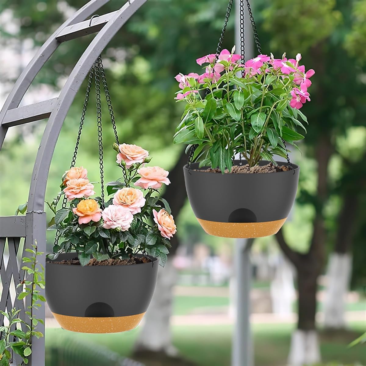 12 Inch Hanging Baskets 2 PC with Chains, Self-Watering Hanging Planters for Indoor Outdoor Plants