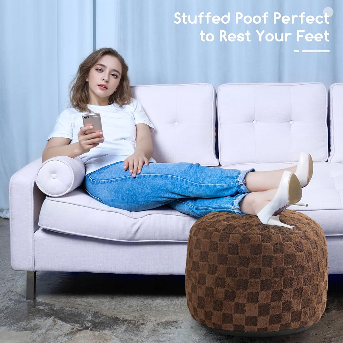 HIGOGOGO Round Stuffed Pouf Ottoman, Plaid Poufs with Foam Chunk Filling, Fluffy and Furry Pouf