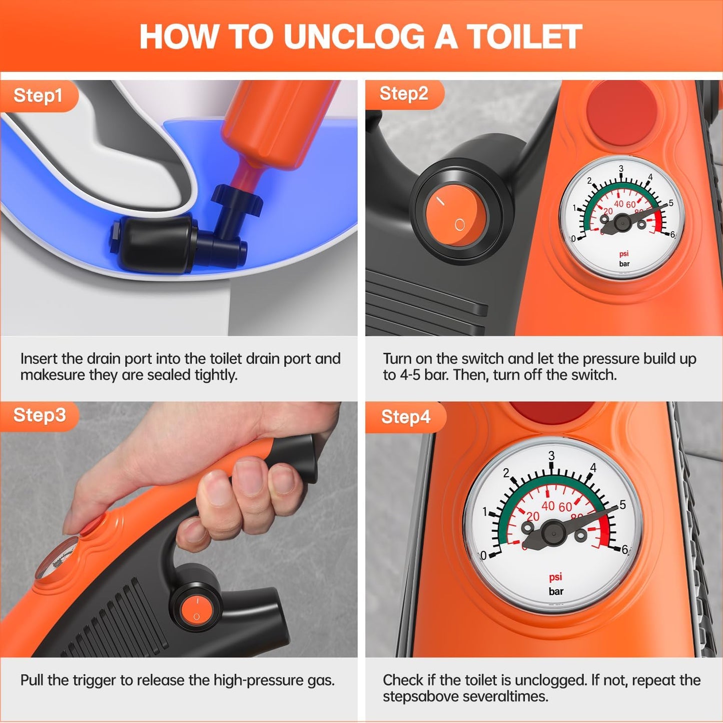 Toilet Plunger, Drain Clog Remover, High-Pressure Air Drain Blaster with Real-Time Barometer