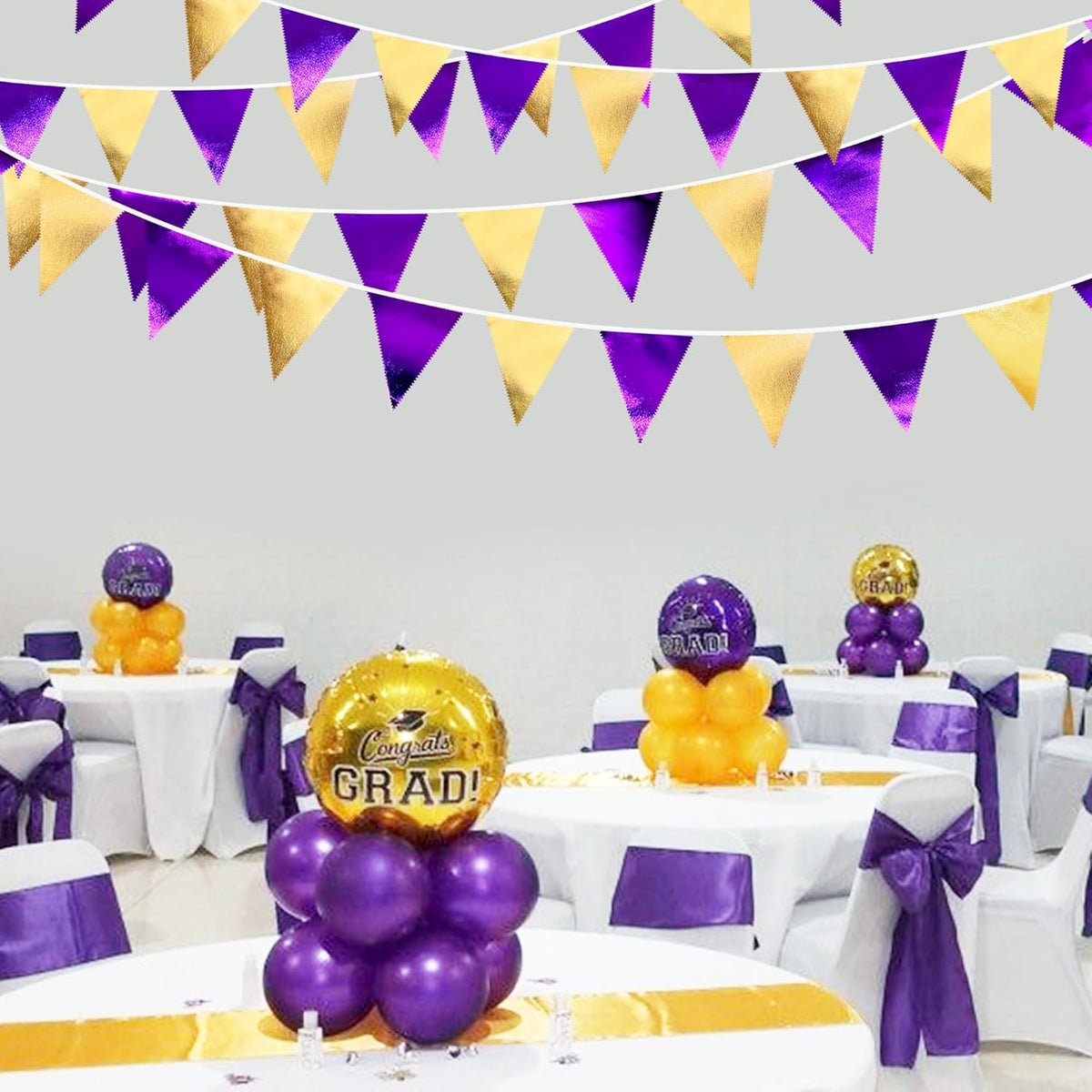 Purple and Gold Party Decorations Metallic Fabric Triangle Pennant Banner Flag Bunting Garland for
