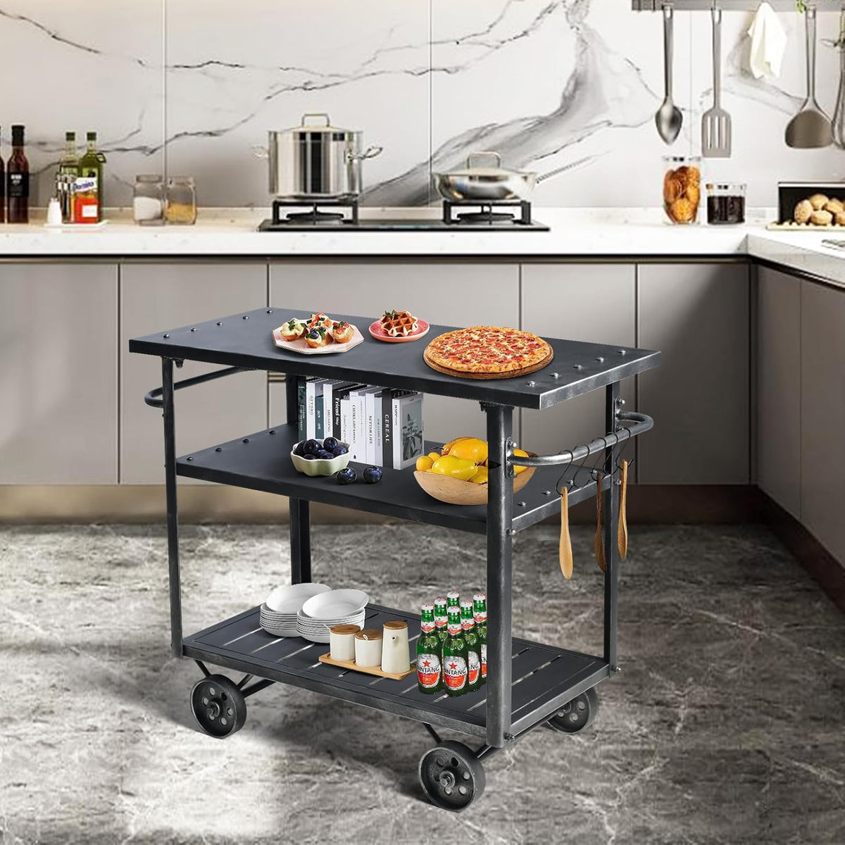 Diwhy Industrial 3 Tier Rolling Utility Storage Cart Wine Beverage, Metal Wine Rack with Wheels