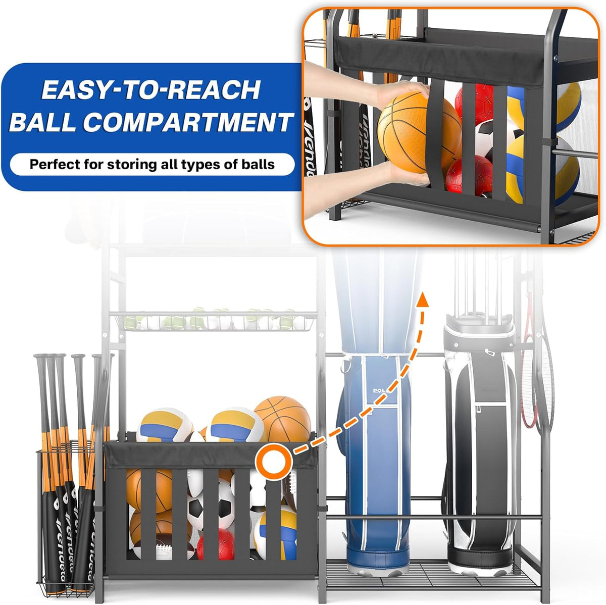 Garage Sports Equipment Organizer, Strong Load Bearing Golf Bag Organizer, Multi Use Golf Ball Rack