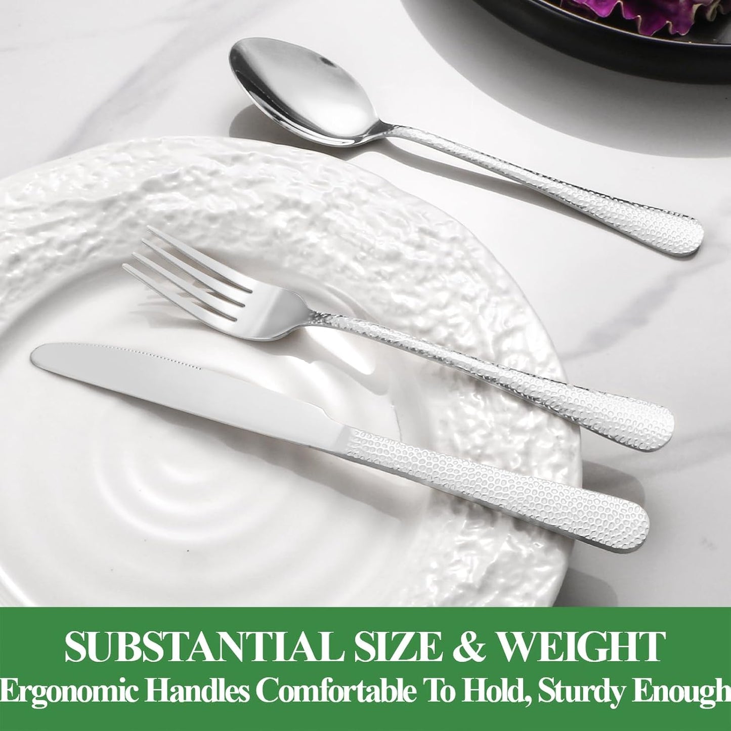 40 Pcs Silverware Set for 8 with Hammered Design, Food Grade Stainless Steel Flatware Set, Eating