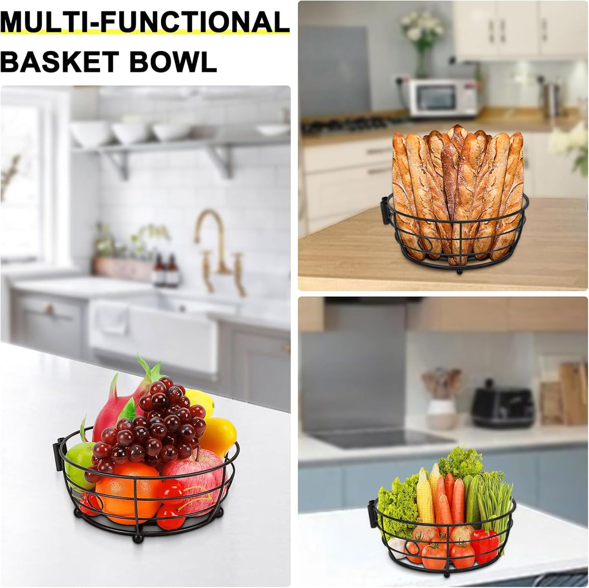 Livabber Countertop Fruit Basket Bowl with Banana Hanger, Modern Standing Fruit Vegetable Bowl