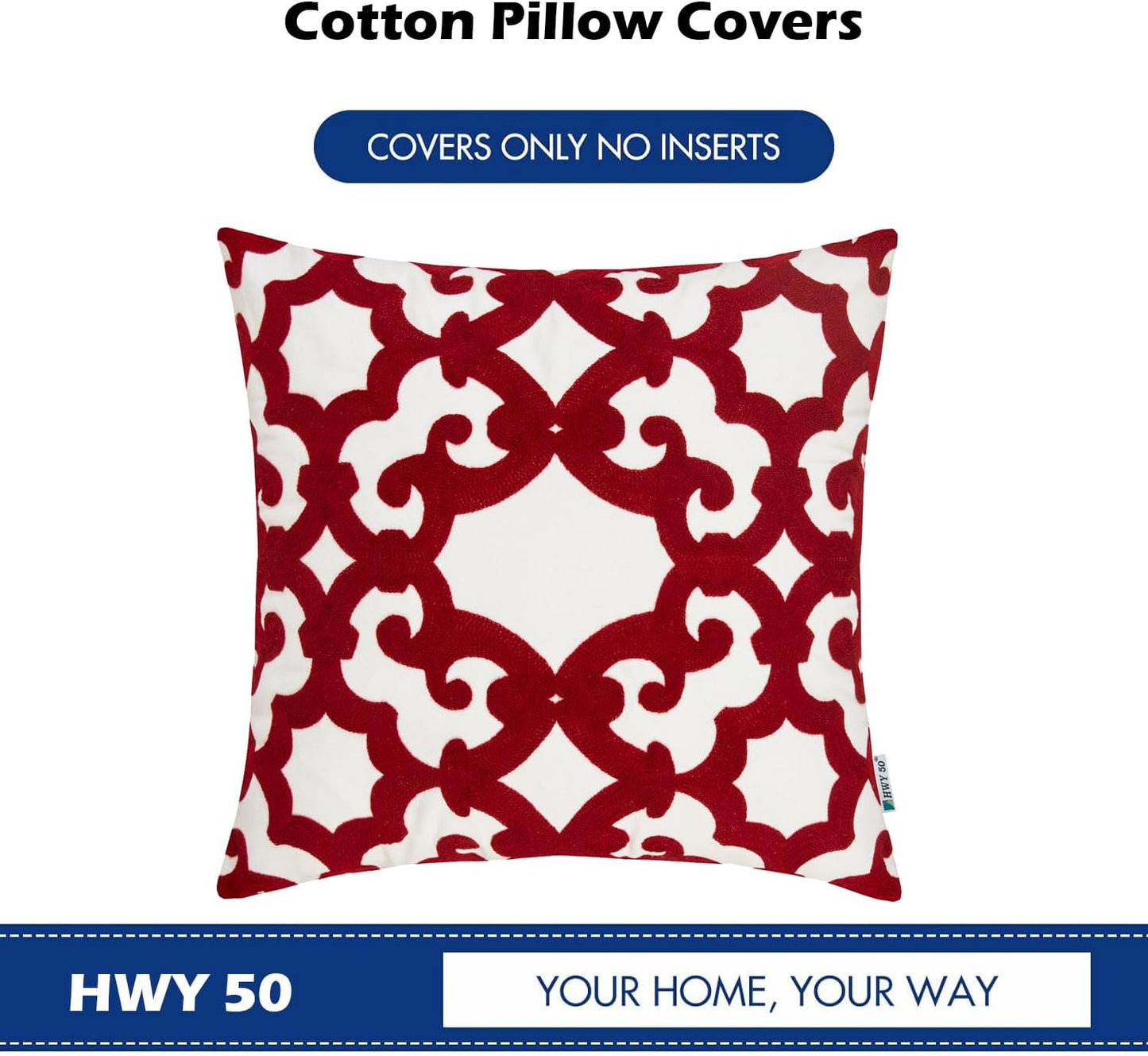 HWY 50 Red Decorative Throw Pillow Covers 18x18 Inch (1 Piece), Embroidered Cotton Farmhouse