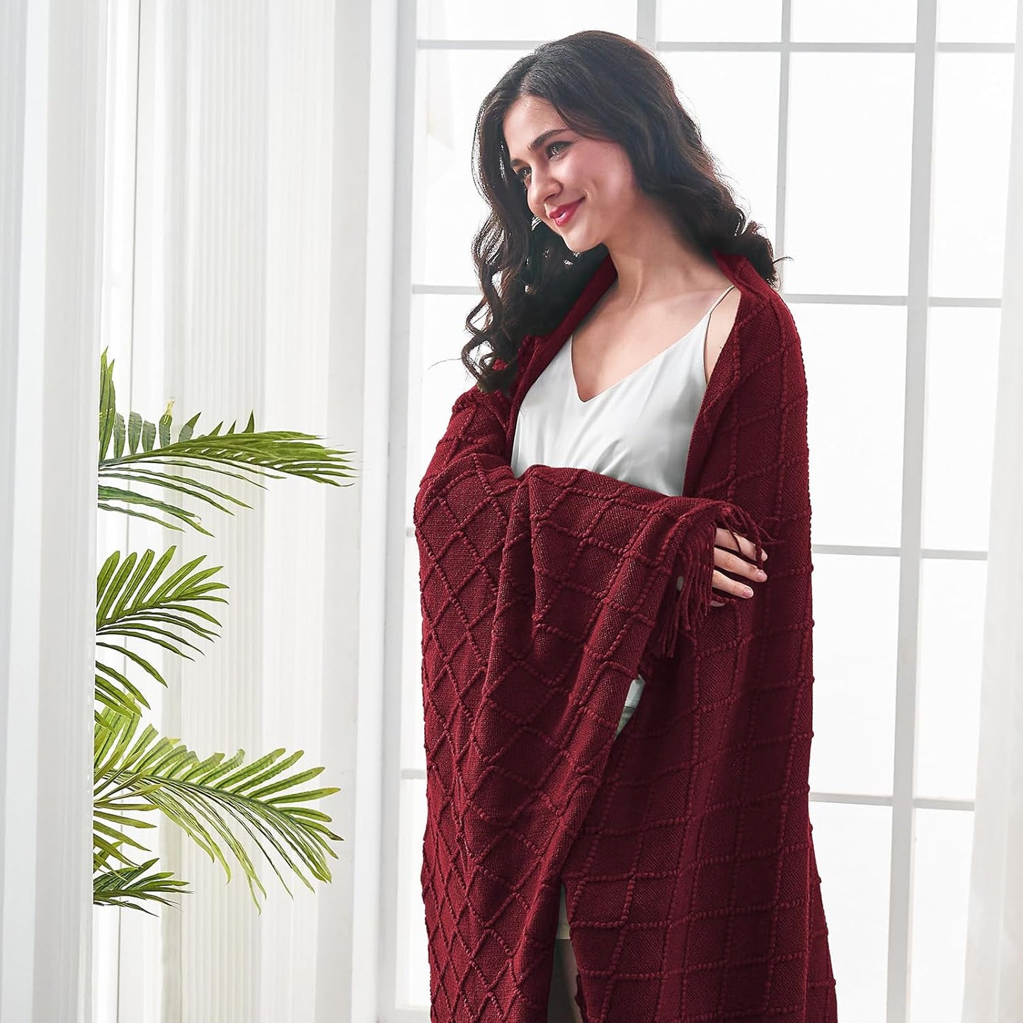 inhand Knitted Throw Blankets for Couch and Bed, Soft Cozy Knit Blanket with Tassel, Claret