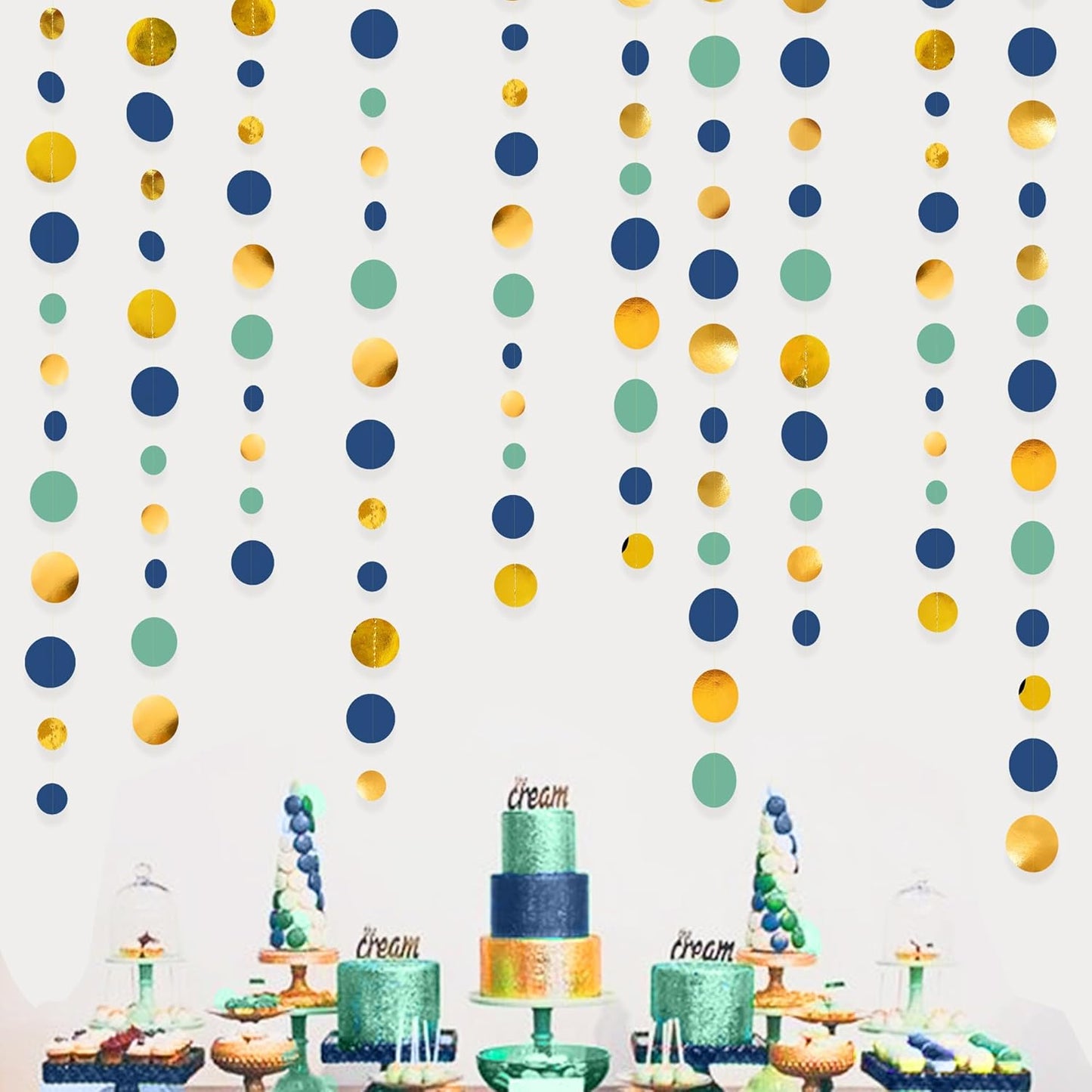 Blue Gold Green Decorations Circle Dots Garland Metallic Gold Navy Blue with Sage Green Hanging