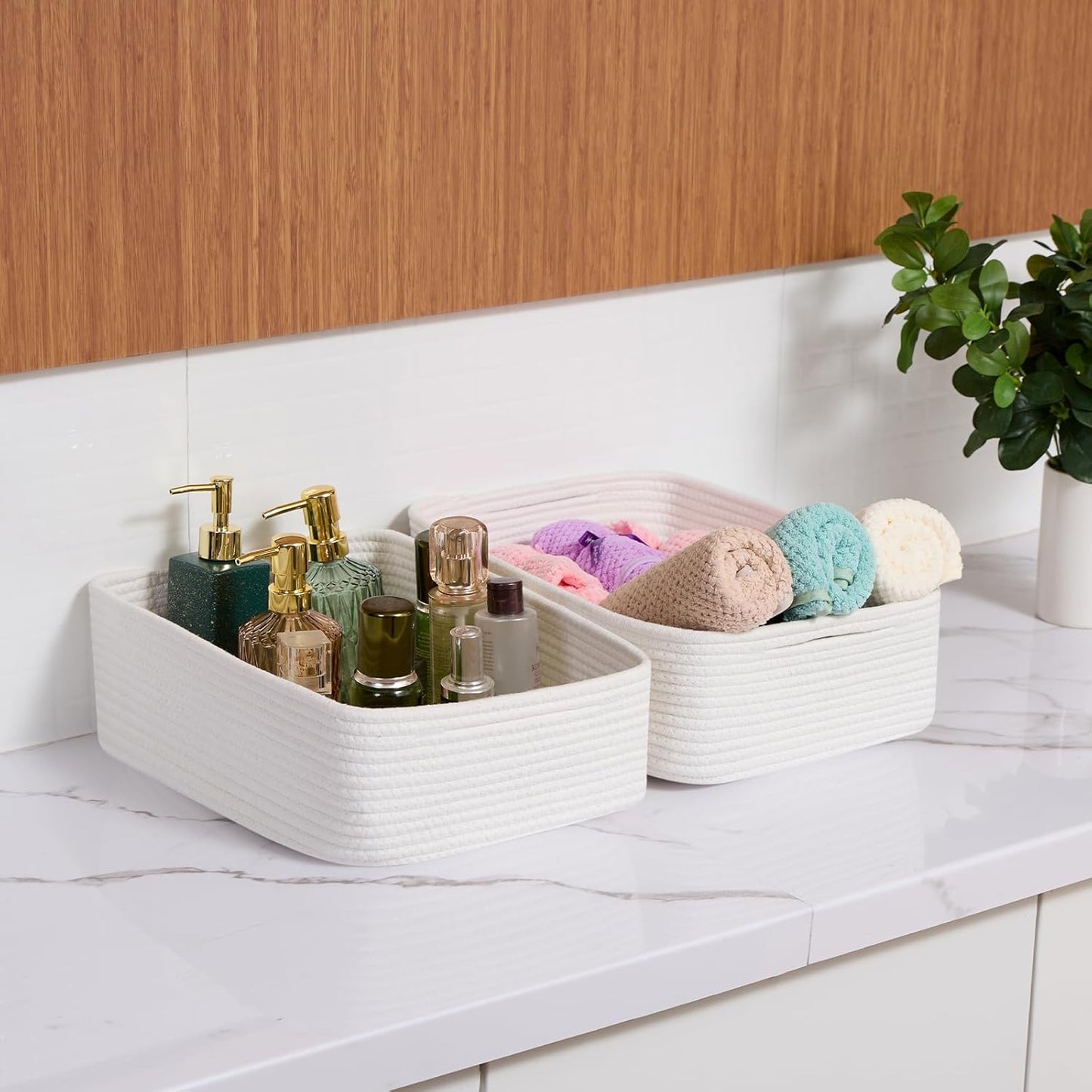 Large Shallow Organizing Baskets 15x11x5.1 Inches - Rope Woven Storage Bins for Bathroom, Shelves