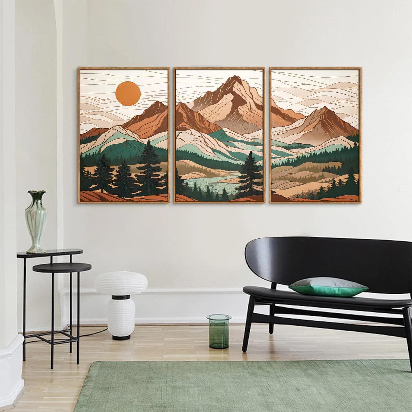 Tinonedraw Mountain Framed Canvas Wall Art Set of 3, Sunrise Forest Woodland Landscape Art Prints