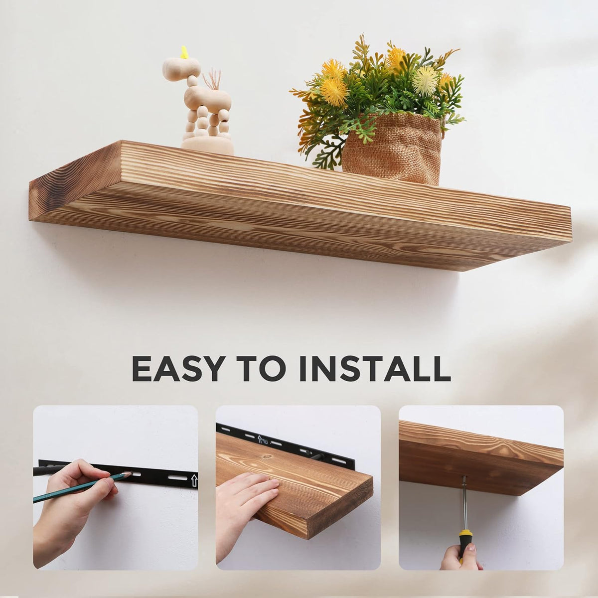 Fun Memories European Pine Floating Shelves for Wall, Mounted Shelf for Decor Storage Set of 2