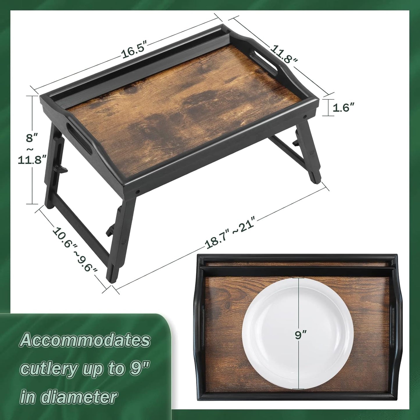 2 Pack Bed Tray Table Breakfast Trays Serving Tray Adjustable Height for Eating Bamboo Bed Laptap