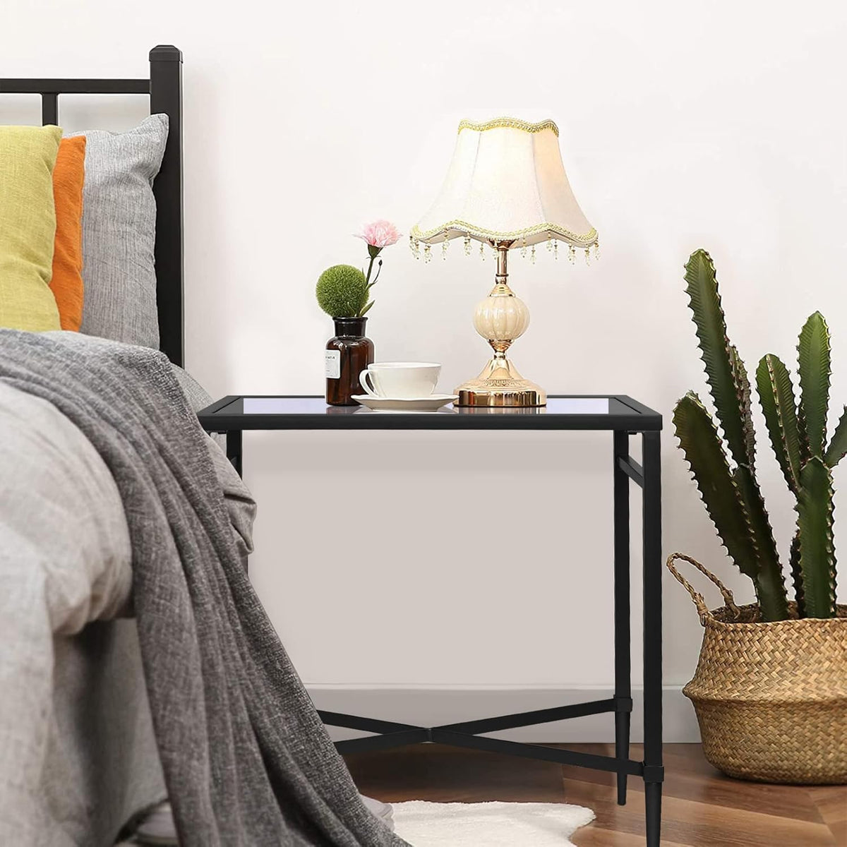 Black End Table, Rectangle Side Table with Mirrored Top, Modern Metal End Table, Small Narrow Side