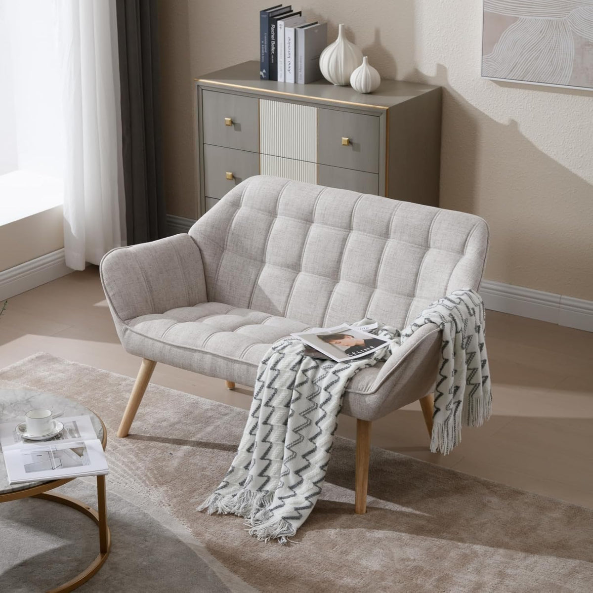48" Small Loveseat Sofa, Modern Linen Fabric Mini Sofa Couch 2-Seater Love Seat with Quilting Backs