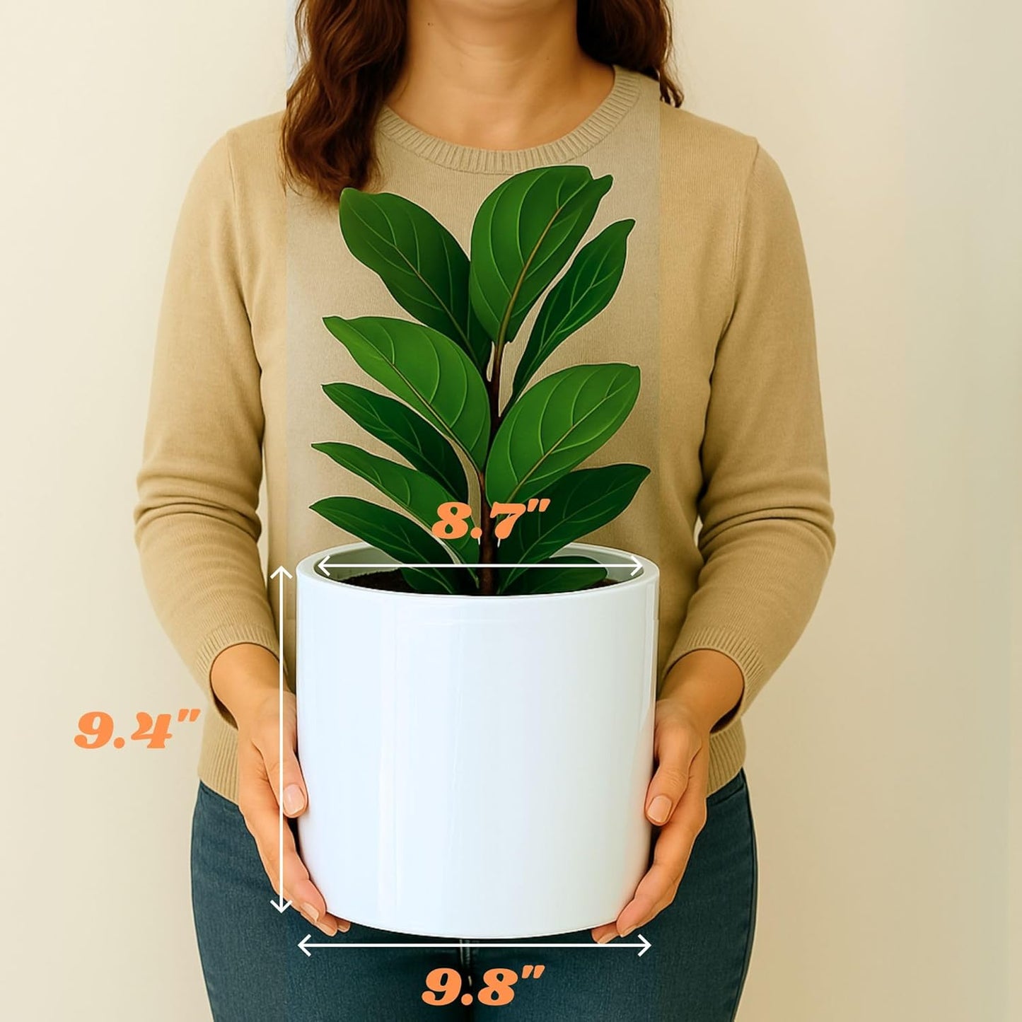 Fox & Fern 10 Inch Plant Pot with Drainage Plug — Premium Lightweight Fiberstone Glossy White