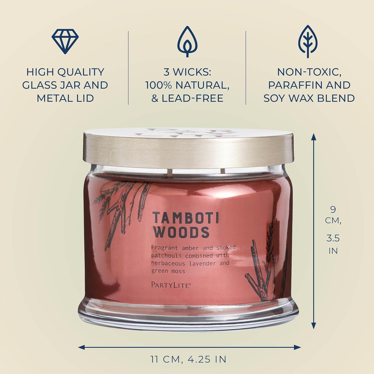 PartyLite Tamboti Woods Scented, Notes of Exotic Amber, Patchouli, Lavender & Green Moss, 13.2oz