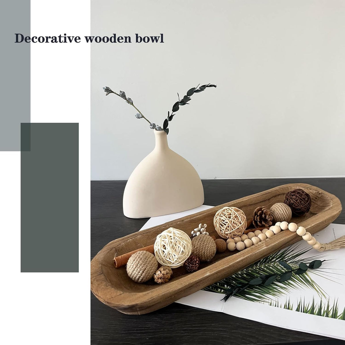 Wooden Dough Bowl Decor, Vintage Wooden Bowl Hand Carved Home Decor for Dining Table Center, Living