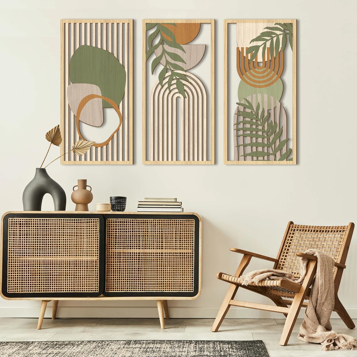 IARTTOP Boho Mid-century Modern Wood Wall Art 16x32 Inch Large Green Abstract Wood Wall Decor Mid
