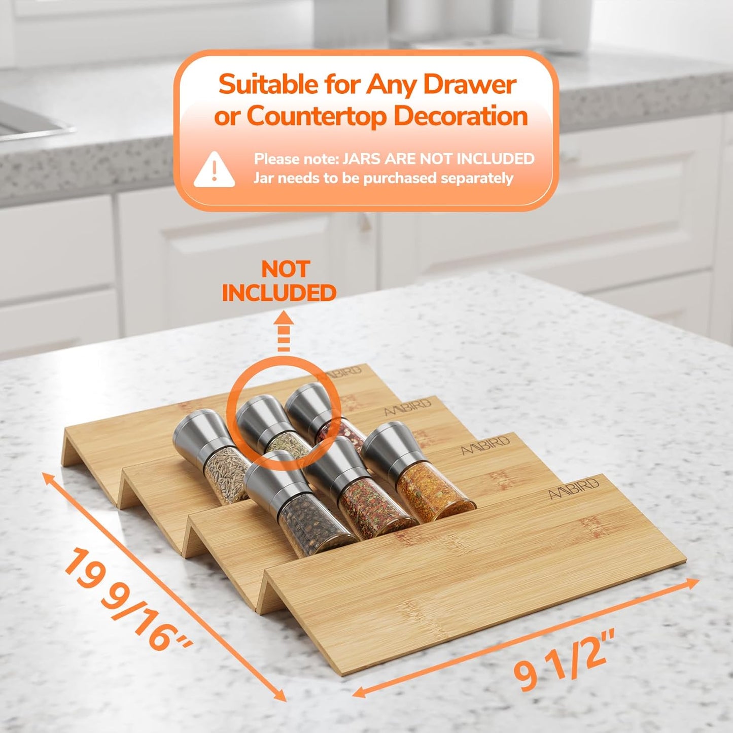 AMBIRD Bamboo Spice Drawer Organizer with Non-slip Mat,4 Tier Jar Spice Rack Tray 9.5'',Seasoning