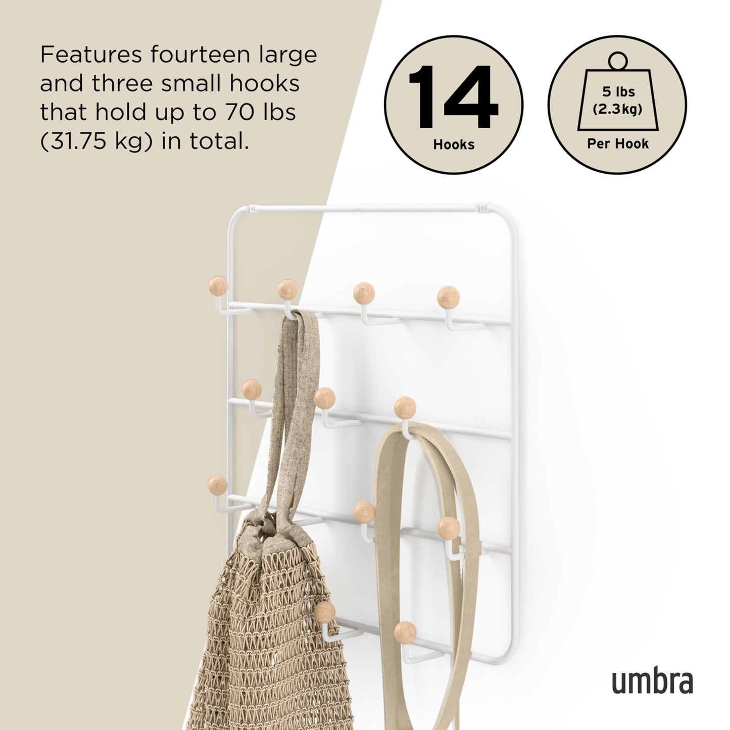 Umbra Estique Coat Rack, Over the Door Wall Hooks, 14 Hook, White/Natural