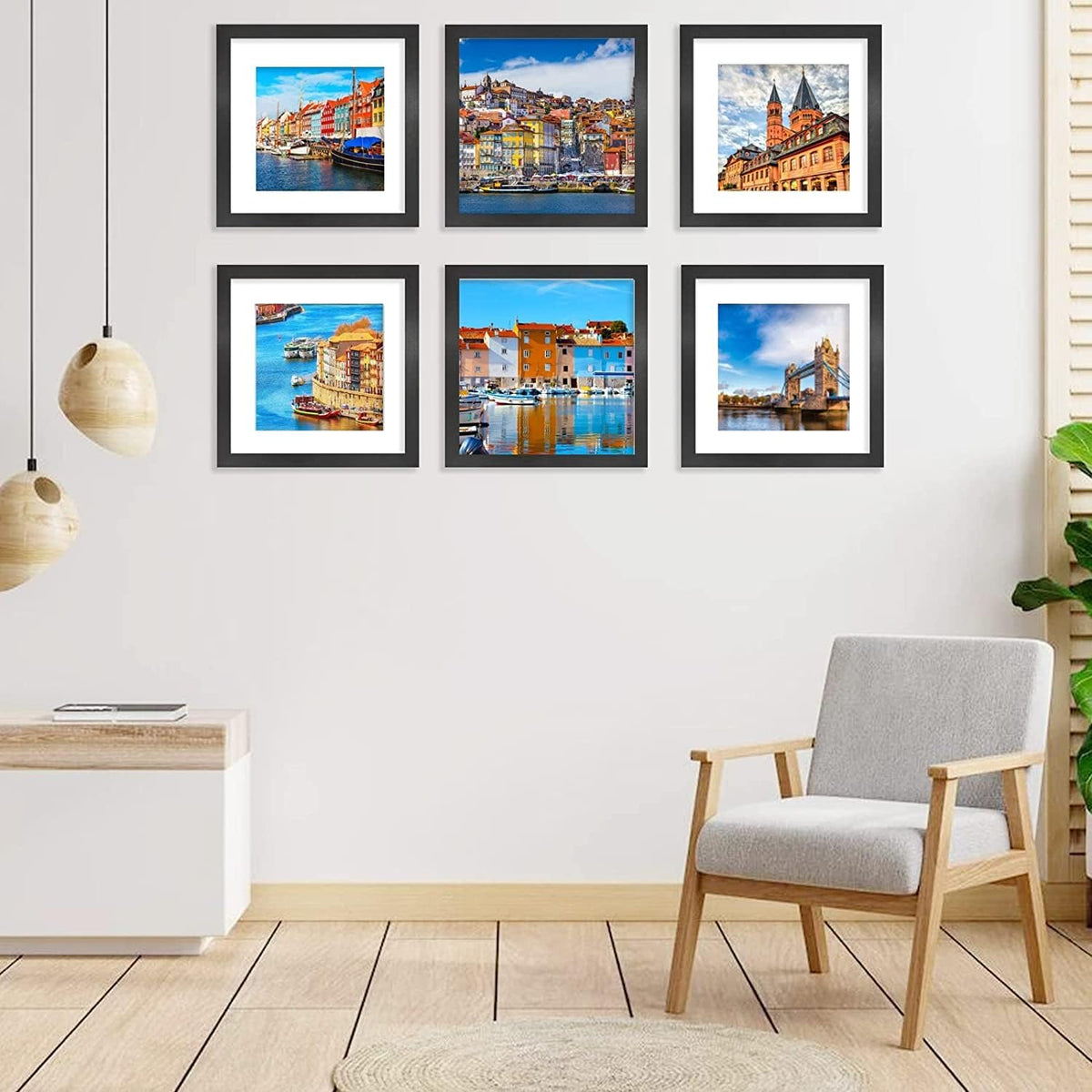 8x8 Picture Frame Set of 6, Display Pictures 5x5 with Mat or 8x8 Without Mat for Wall Mounting or